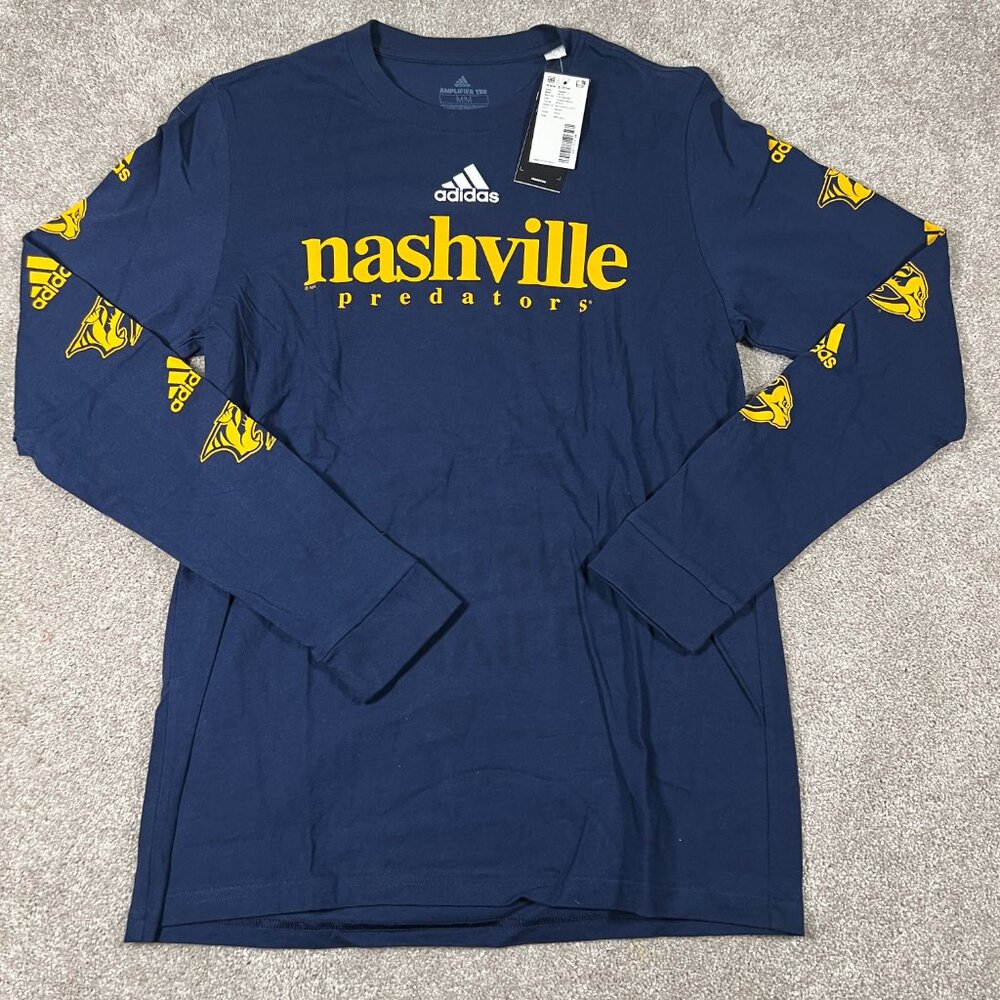 Adidas Mens Medium Blue Nashville Predators NHL Hockey Amplifier LS T-Shirt NWT